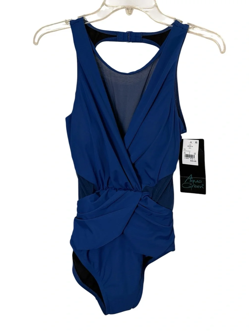 Aqua Green Women’s Navy Blue Ruched Draped Figure Shaping One-Piece Swim sz 8